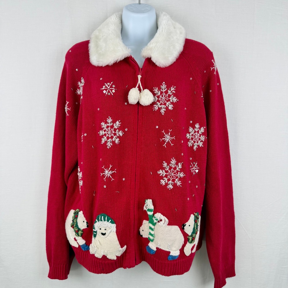 Tiara International Polar Bear Snowflake Christmas Cardigan Red Faux Fur XL